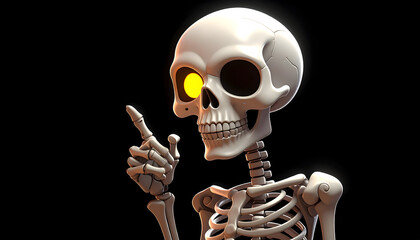 A detailed 3d render of a human skeleton with a glowing yellow eye, pointing a finger, against a dark background