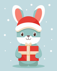 Cute christmas bunny holding a gift wearing a santa hat