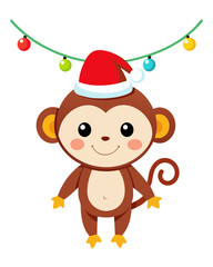 Fototapeta premium Cute cartoon monkey wearing santa hat with christmas lights
