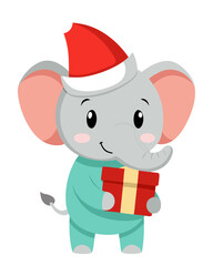 Cute cartoon elephant wearing santa hat holding a christmas gift