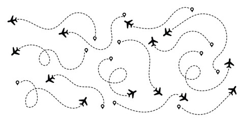 Airplane line path route travel vector concept. Plane routes dotted paths aircraft travel route start point flight destination black airplane