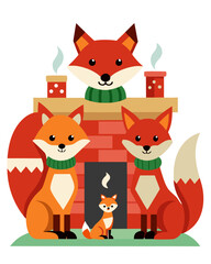Cozy fox family by the fireplace illustration