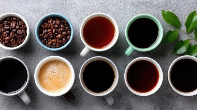Assorted Coffee Variety Displayed in Colorful Cups on Gray Background Viewed from Top
