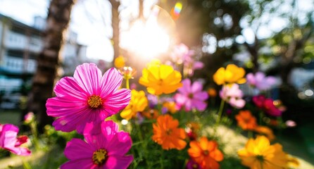 Colorful cosmos flowers bloom in a sunny garden setting