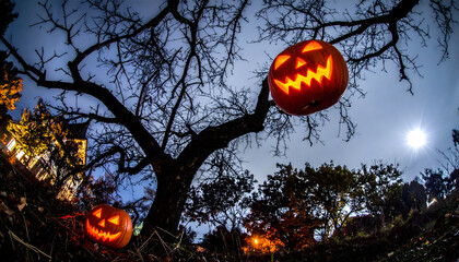 Jackolanterns hanging from a spooky tree branch against a dark night sky with a full moon
