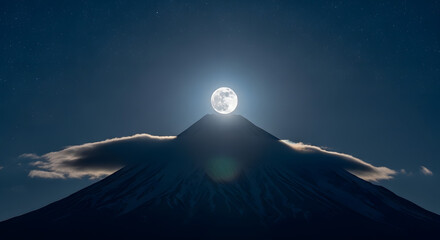 A serene lake reflects the bright full moon and starry sky, framed by dark, tree-covered hills under a twilight sky.