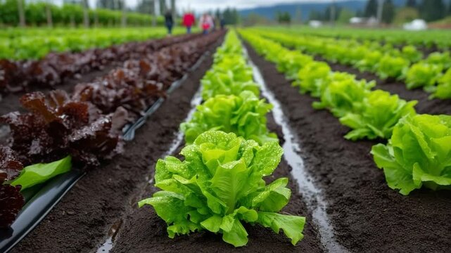 Green and red lettuce crops growing in rows on farm with fresh vegetables, moist soil, and irrigation system showcasing healthy agriculture and organic vegetable production outdoors