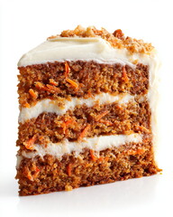 Fototapeta premium carrot cake slice with cream cheese frosting, isolated on white background