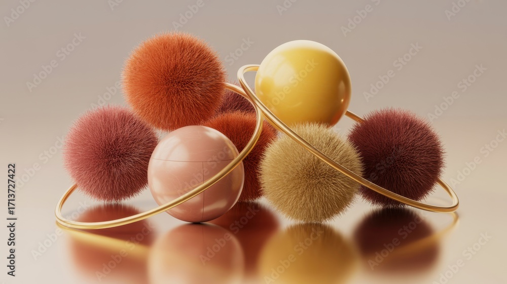 Poster abstract fuzzy spheres with a metallic ring: a mesmerizing close-up showcases a collection of plush,