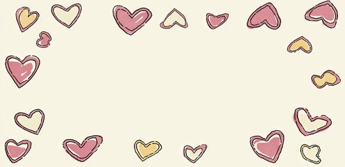 Pastel hearts in a frame on a light beige background.  Hand-drawn, whimsical hearts in shades of light pink and pale yellow,  scattered around a light beige backdrop forming a border