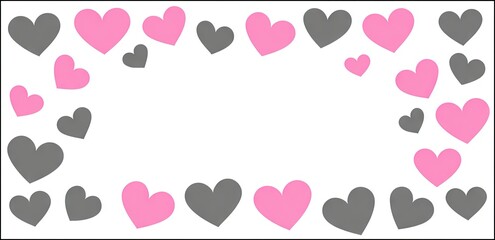 Pink and gray hearts frame on white background
