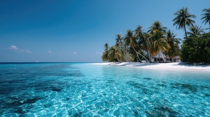 Naklejka premium Azure Ocean Meets Sandy Shoreline Tropical Beach Paradise