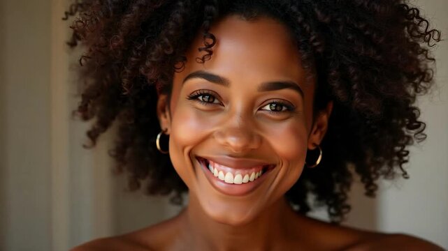 Stunning Latina woman with radiant smile presenting product in 4K. Authentic Afro-Caribbean beauty connecting with viewers, perfect for sales and promos