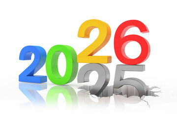 3d render of the numbers 2026 and 25 and 25 in colorful over white reflecting background. The number 26 falls on the number 25 and breaks in it in the ground - vacation concept.