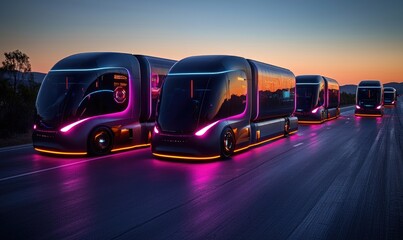 Obraz premium Futuristic buses in a row at sunset