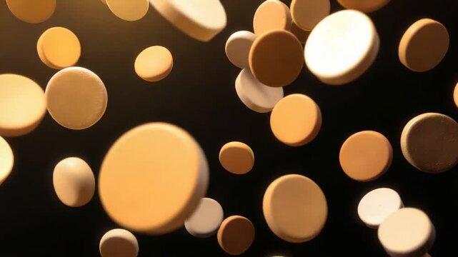 Pills on Display: A captivating display of beige-colored pills floating in mid-air against a dark backdrop, exuding a sense of modern pharmaceutical research.