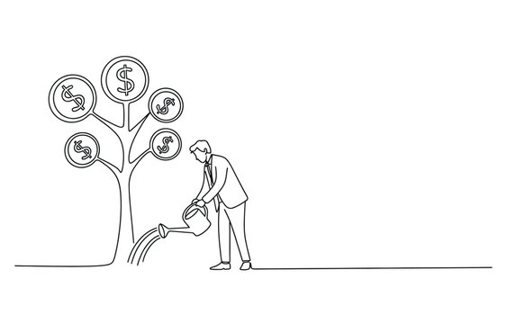 Simple line art depicts a figure tending to a tree bearing currency symbols. This minimalist artwork represents financial growth, investment, and the nurturing of wealth, ideal for business and financ