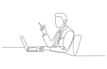 A simple single-line drawing captures the joy and achievement of a business professional. This minimalist artwork depicts a person raising arms in triumph, with a laptop open on a desk, conveying vict