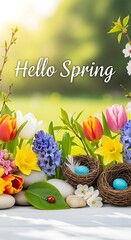 Bright Spring Flowers with Easter Eggs and Ladybug in Garden Setting