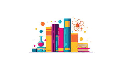 Colorful Vector Illustration of Academic Books and Science Symbols Representing Education and Knowledge Pursuit in Vibrant Colors
