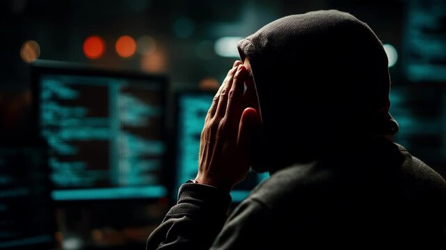 Mysterious Hacker Works Intently in Dark Room Surrounded by Glowing Screens of Code