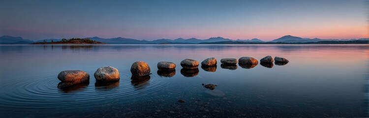 Serene sunset over a still lake, seven smooth stones forming a path across the water, mountains in the distance