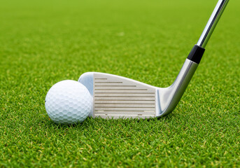 Golf Club and Ball on Grass Ready for Swing. National Golf Day