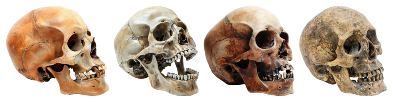 PNG Realistic human skulls evolution, element set on transparent background