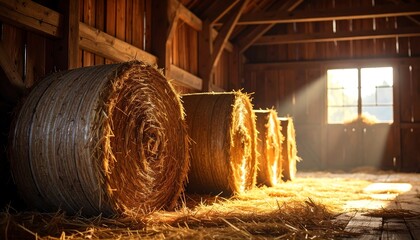 Sunbeams illuminate stacks of golden hay bales nestled within a rustic wooden barn.
