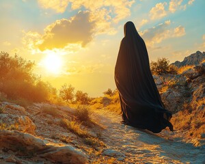 A figure in a black cloak walks a path at sunset