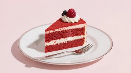 A piece of red velvet cake with distinct layers, decorated with cream and berries on the surface, is delicate and tempting.