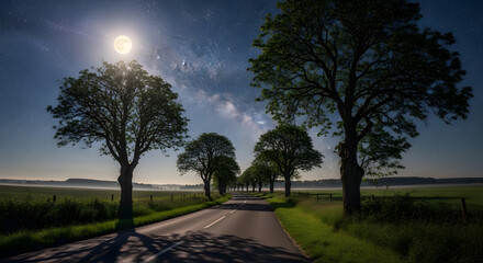 A serene lake reflects the bright full moon and starry sky, framed by dark, tree-covered hills under a twilight sky.