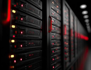 Rows of dark server racks with glowing red and amber indicator lights in a dimly lit data center