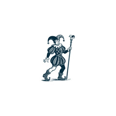 Obraz premium engraving style logo or illustration featuring a medieval jester or fool standing in a dynamic, theatrical pose, holding a royal scepter or marotte