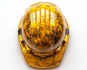High-angle view of a bright yellow safety helmet with a patterned design