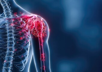 3D rendering of a human shoulder with highlighted inflammation and pain points, shown in translucent skeletal form against a dark blue background