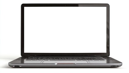 Sleek, dark-gray laptop with blank white screen, metallic finish, subtly reflecting light on a white background