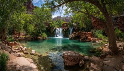 Lush waterfall cascading into a tranquil pool, surrounded by trees and red rock formations