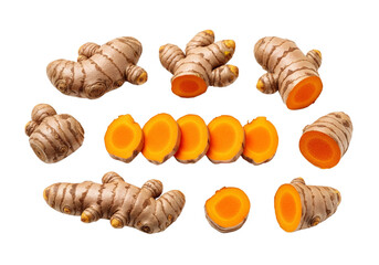 Temulawak (Curcuma xanthorrhiza) whole and sliced isolated on transparent 