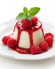 panna cotta with raspberry sauce, elegant dessert, isolated on white background
