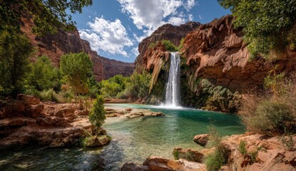 Canyon waterfall cascading into a turquoise pool, surrounded by red rock and green foliage
