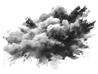 A grayscale image depicting a large, amorphous cloud of dust or powder exploding outwards, with varying densities of dark and light shades creating a textured effect against a stark white background