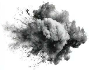 Monochrome cloud of dust or powder explosion, dense at center, radiating outwards with splatter