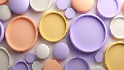 Pastel-colored circles and cylinders of varying sizes and heights overlap on a light background, creating an abstract pattern