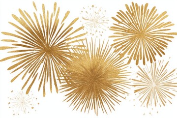Gold and off-white firework bursts, textured, radiating outward on white background; celebratory, festive design