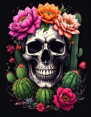 Skull adorned with flowers and cacti