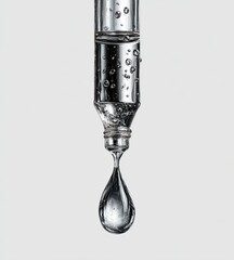 Close-up of a glass pipette with a single drop of clear liquid hanging from the tip, showing reflections and condensation