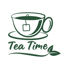 Green tea cup with bag and text Tea Time and leaf drink