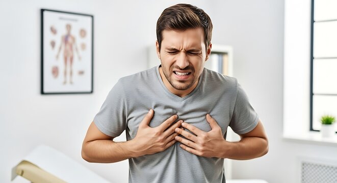 A man in a grey t-shirt clutches his chest in pain, with a medical chart visible in the background.