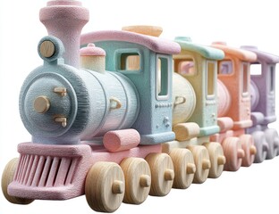 Pastel-colored wooden toy train set, featuring a locomotive and multiple carriages, with visible wood grain and rounded edges, suggesting a soft, child-friendly design